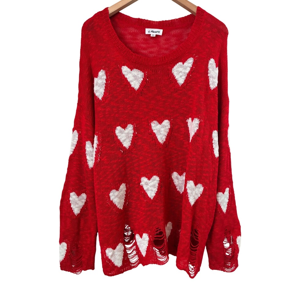 Macaron Red Romantic Heart Distressed Oversized Knit Sweater XL Grunge